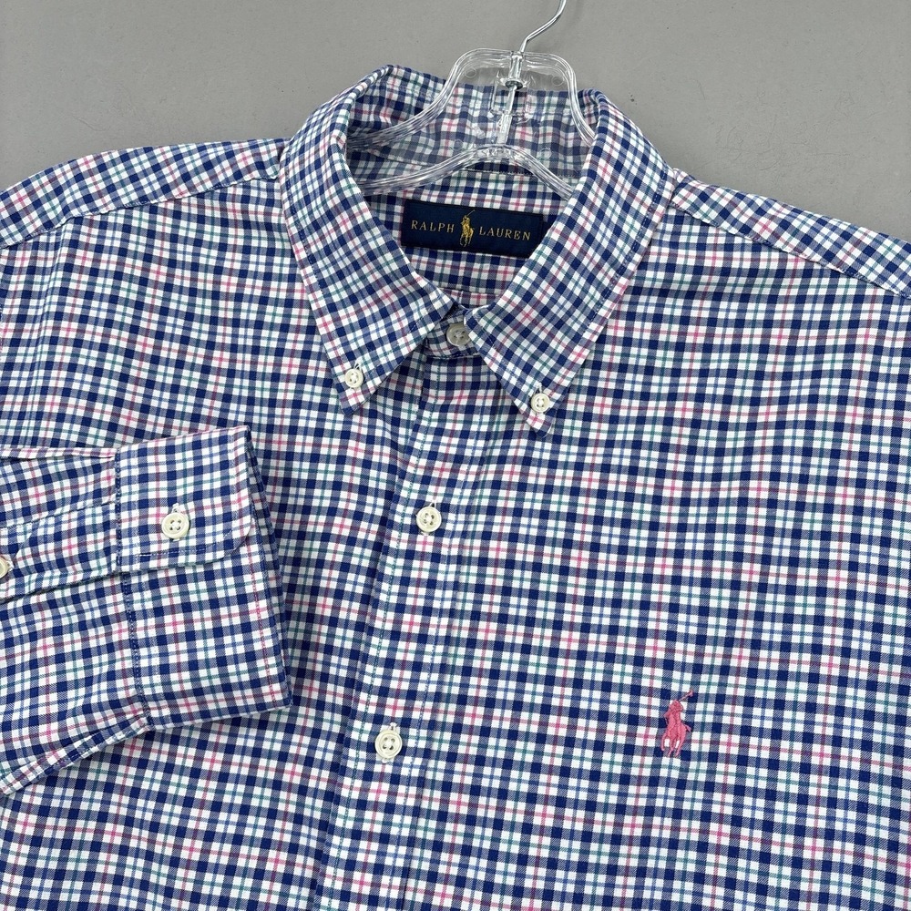 Ralph Lauren Shirt Mens Large Blue Pink Check Button Down Long Sleeve Cotton